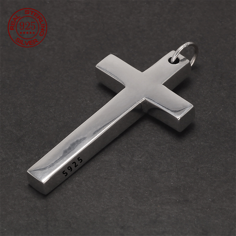 Men'S Minimalist Accessories - リアルソリッド 925 シルバークロスペンダント男性女性のためのミニマリスト高光沢ファッションクラシックイエスクリスチャンの祈りのジュエリー