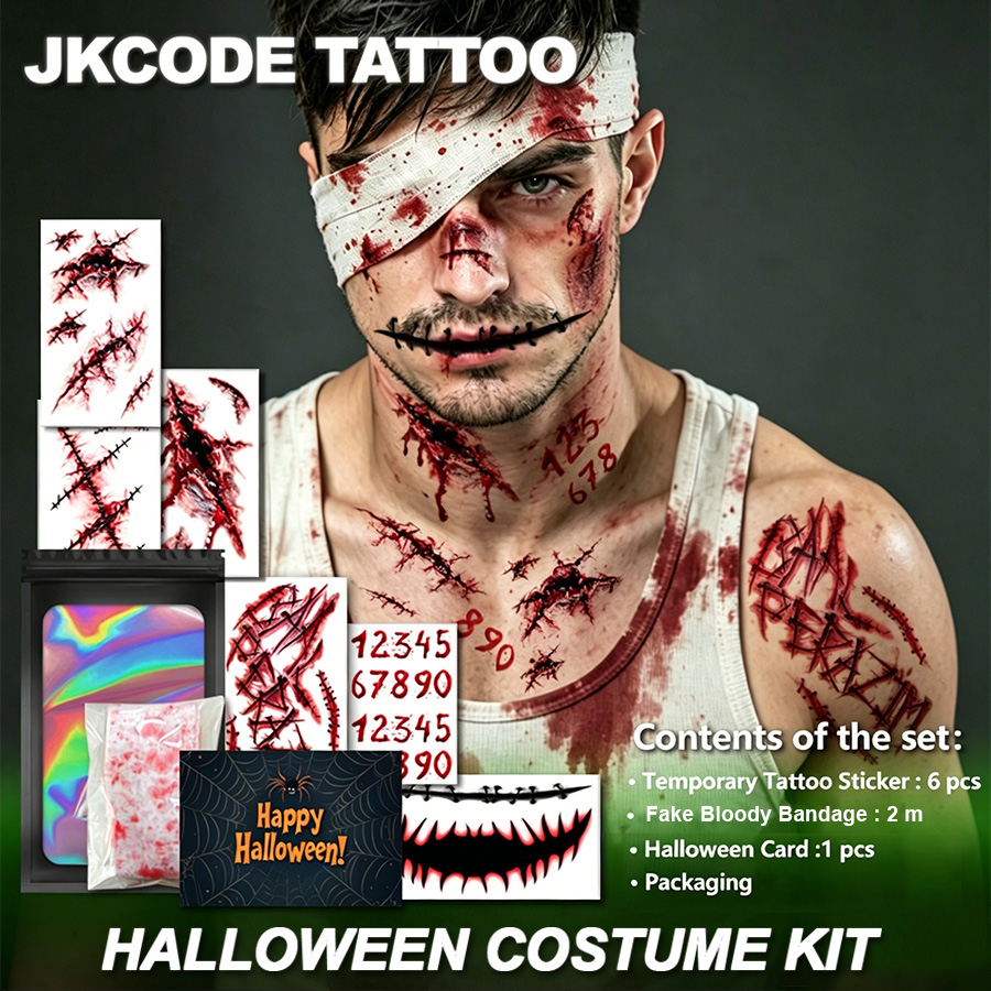 Men Accessories Combo Gift - ハロウィンホラーコスチューム、ハロウィンタトゥーギフトボックス | ホラータトゥーセット、偽血生地の装飾が施された一時的なハロウィーンタトゥー6枚、男性と女性向けのパーティーコスチュームアクセサリー、ホラーステッチパターン、パーティー用の特別なホラーコスチューム。