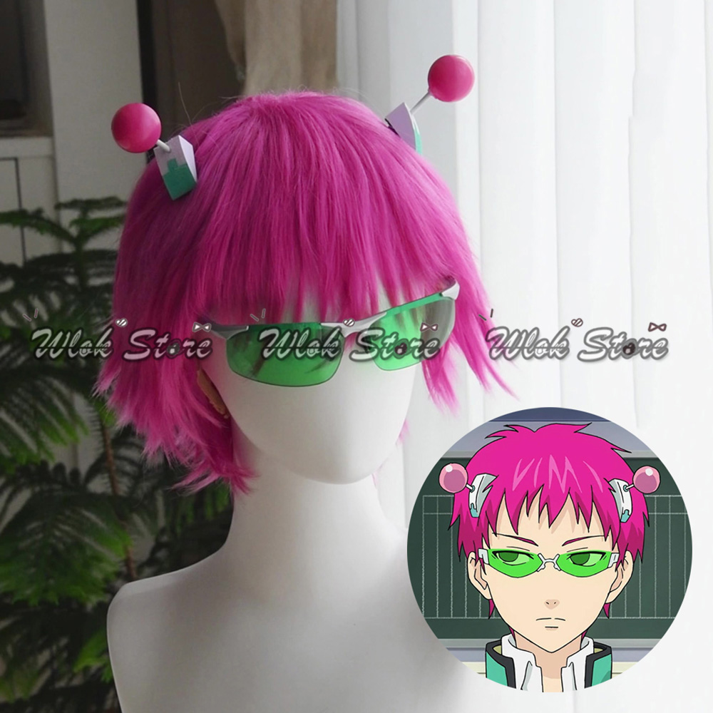 Men'S Accessories Glasses - アニメ斉木楠雄コスプレウィッグ耐熱ショートピンク髪ヘアピン緑メガネ男性女性用ハロウィンパーティーカーニバル小道具