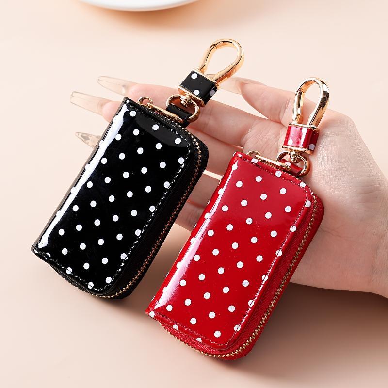 水玉模様の光沢のあるパテントレザーキーポーチゴールデンジッパ - Men Accessories In Store のレビューと価格