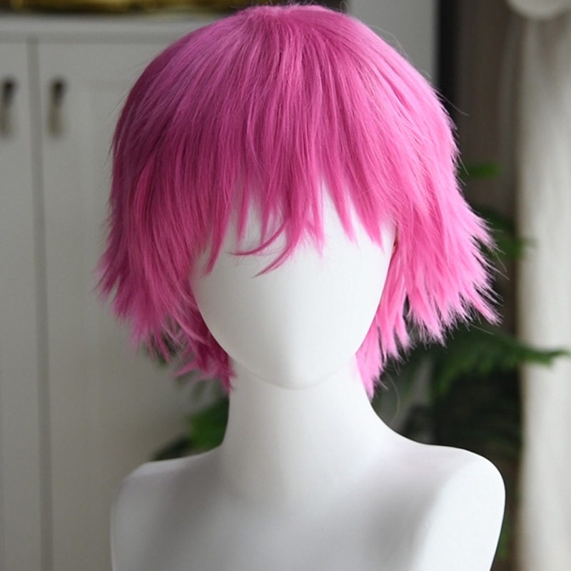 アニメ斉木楠雄コスプレウィッグ耐熱ショートピンク髪ヘアピン緑 - Men'S Accessories Glasses のレビューと価格